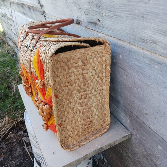 Acapulco Mexico Vintage Woven‎ Rattan Large Beach Bag Tote 3D Flowers Orange/Red - Picture 6 of 13